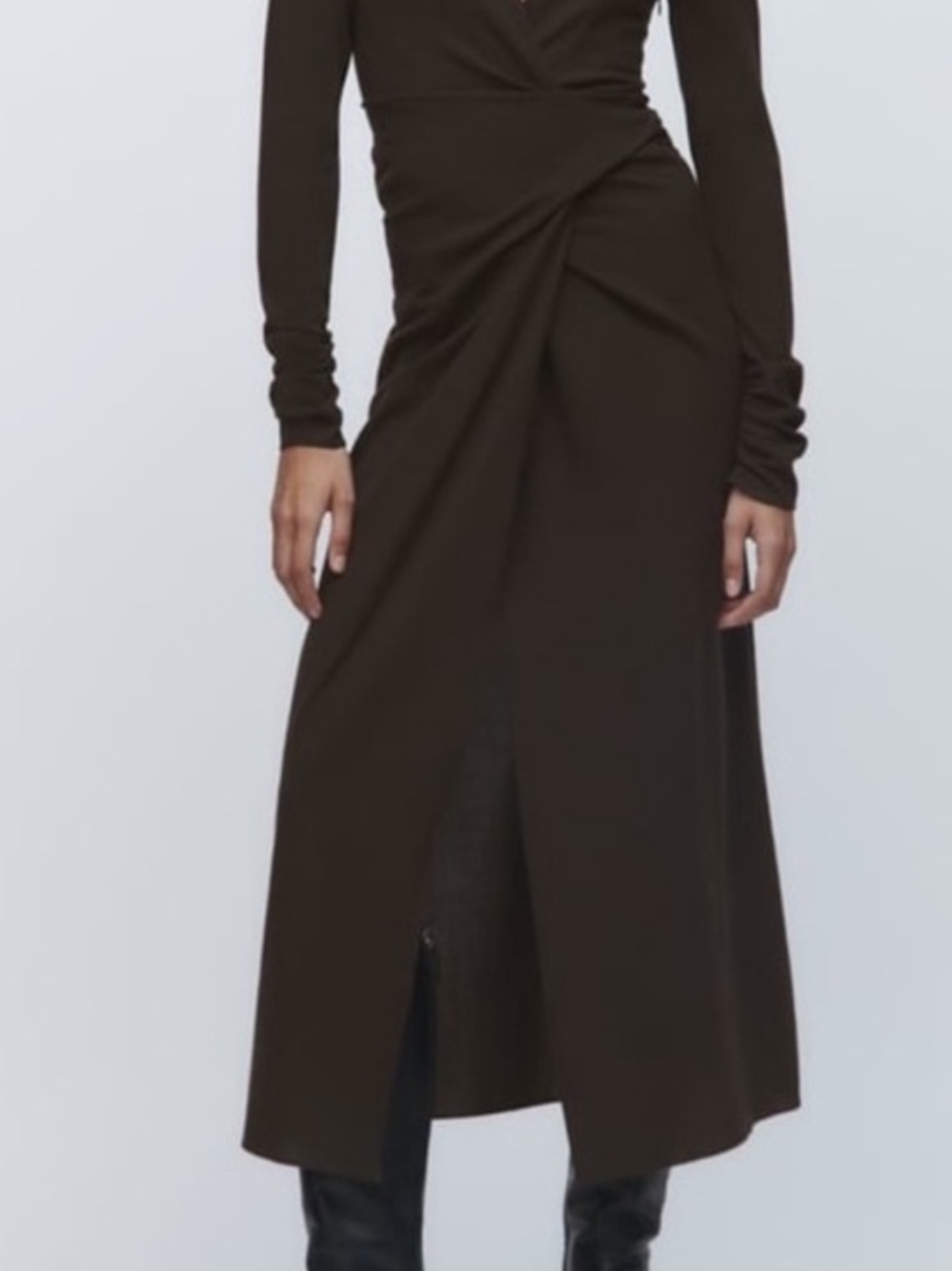 NWT Zara Draped Faux Wrap Midi Dress Brown V Neck Long Sleeve Quiet Luxury XL
